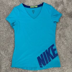 Nike Pro Athletic Dri-Fit Blue Short Sleeve V-Neck Women's T-Shirt Top Large